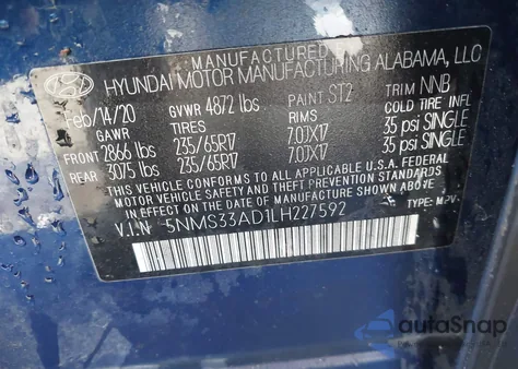 2020 Hyundai Santa Fe Sel z USA, uszkodzony, nr VIN 5NMS33AD1LH227592